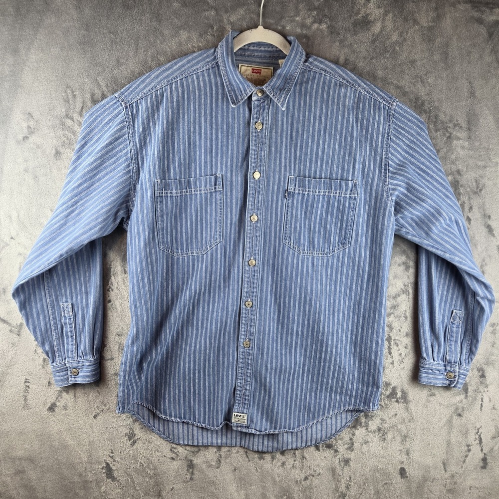 Vintage 90's Levis Blue White Striped Denim Button Shirt Mens Large Blue Tab